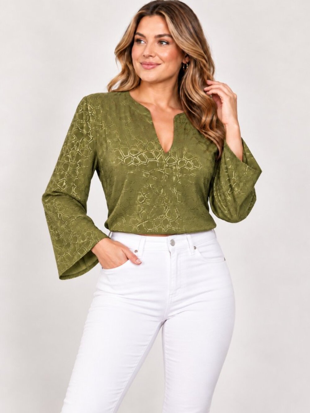 Michael Kors Olive Green Metallic Gold Pattern Tunic Blouse Size M